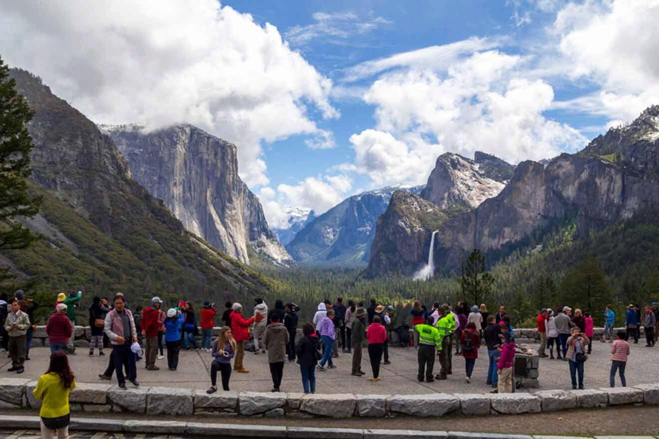tourists on a road in Yosemite national park in california.