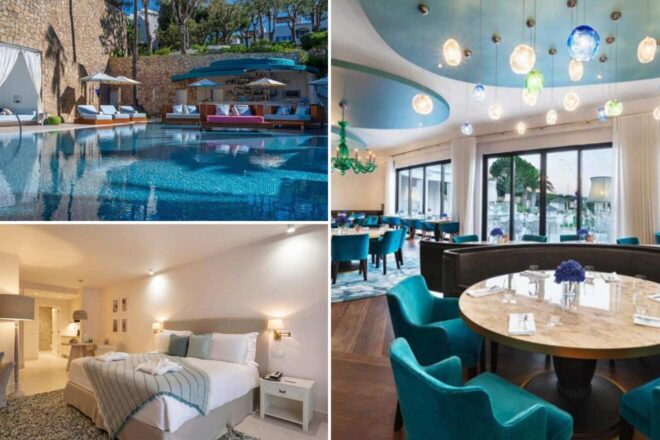 Collage of 3 pics of luxury stay in Algarve: a luxurious swimming pool area with cabanas, a modern indoor dining area with spherical light fixtures, and a chic bedroom with contemporary decor.