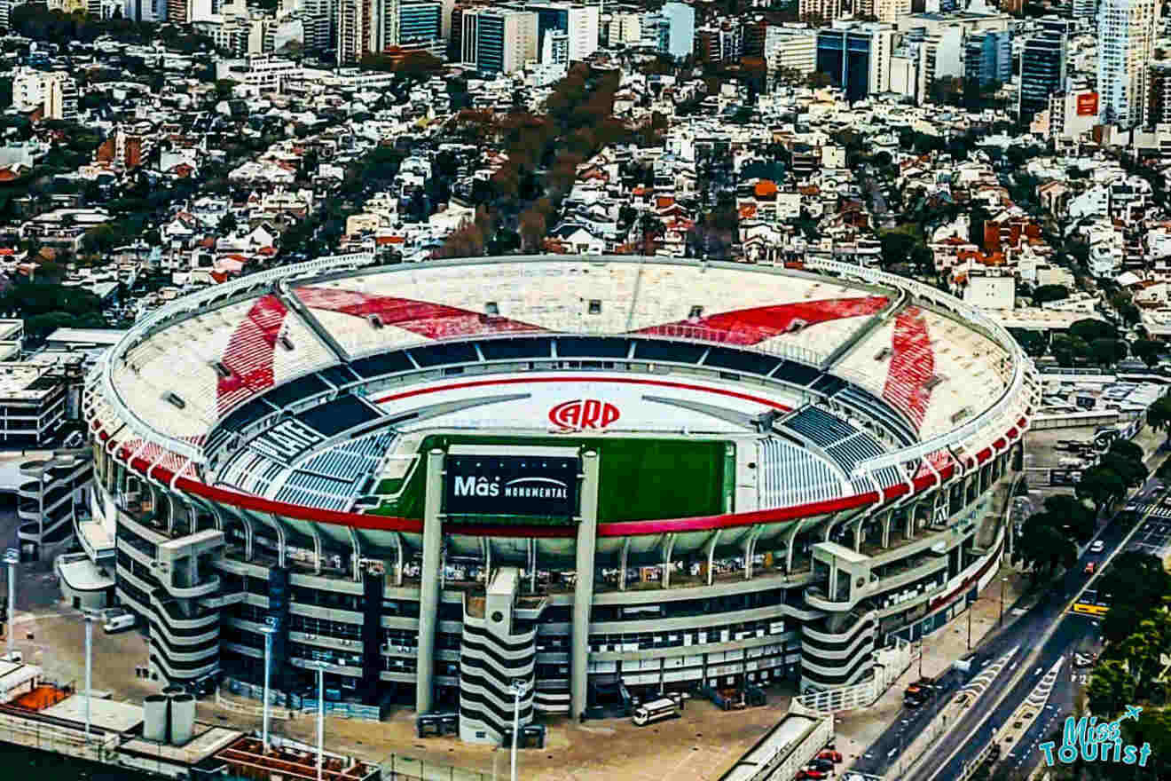 Aerial view of the Estadio Monumental Antonio Vespucio Liberti, commonly known as River Plate Stadium, a prominent football stadium in Buenos Aires