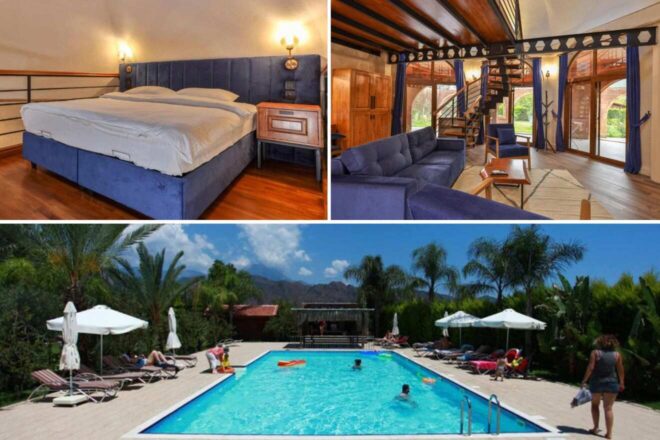 collage of 3 images with: pool area, bedroom and lounge