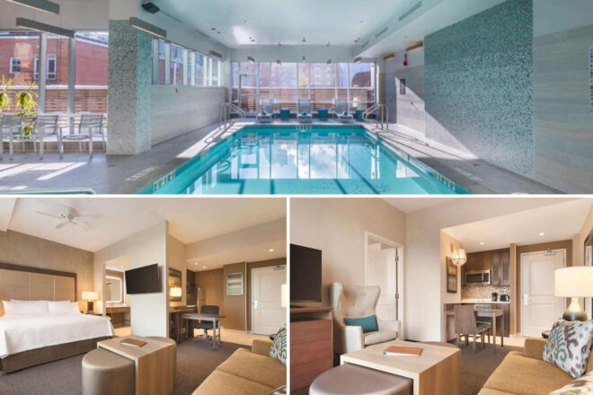 collage with 3 images of: indoor pool, bedroom and lounge area