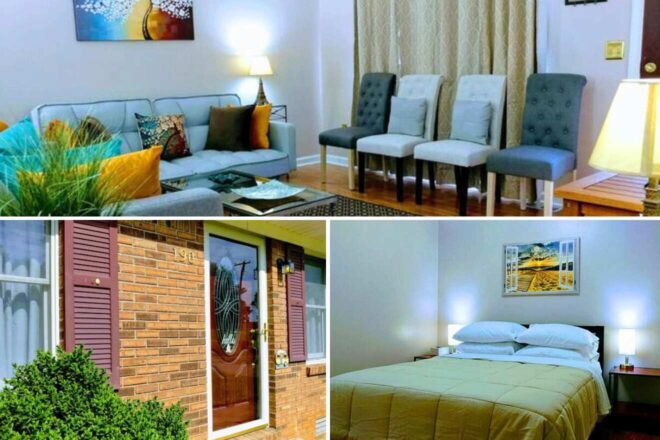 collage of 3 images with: a bedroom, hotel's entrance and lounge