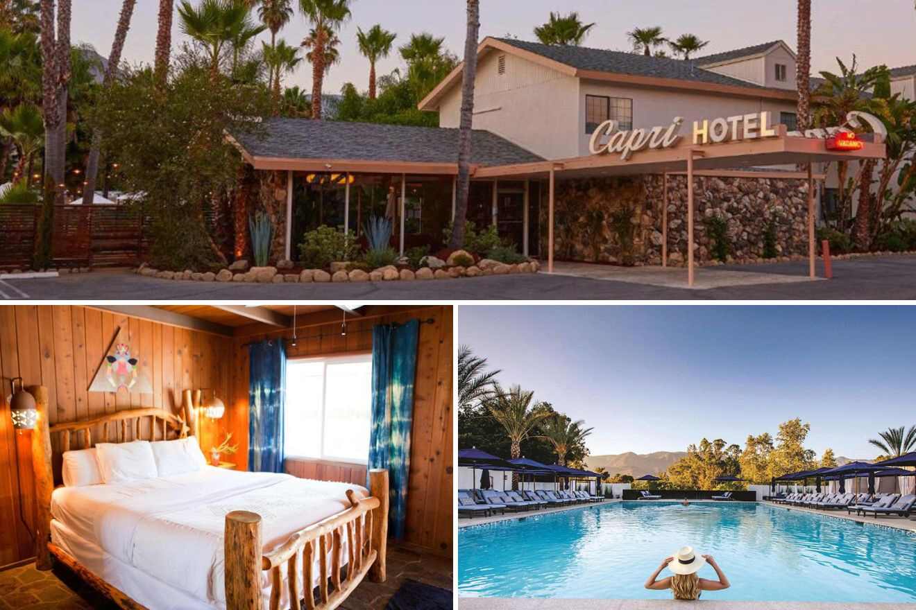 Collage of three hotel photos: hotel exterior, bedroom, and outdoor pool
