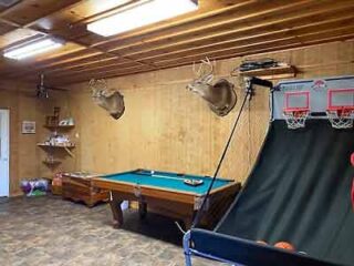A game room with a pool table and a basketball hoop.