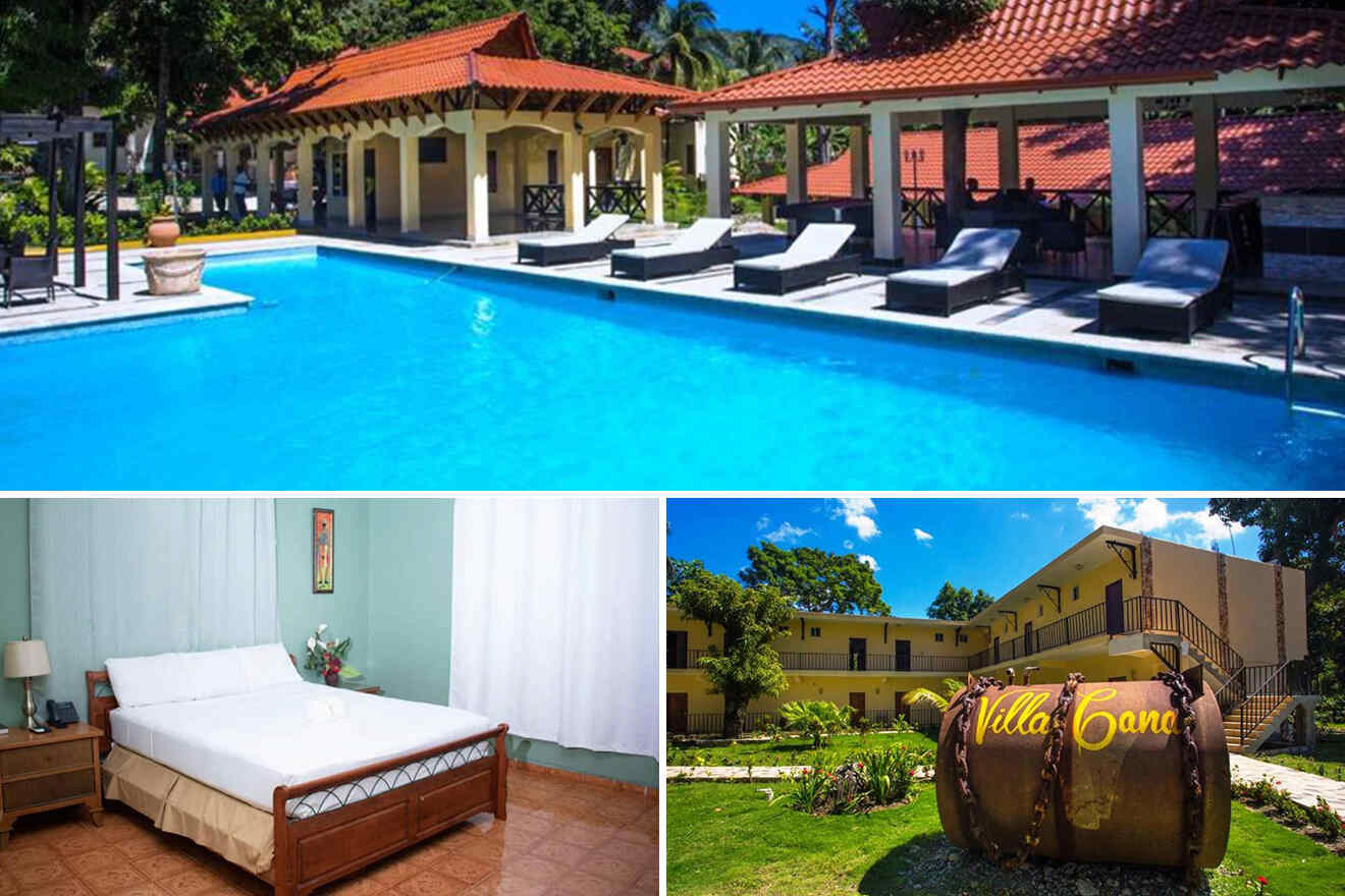 collage of 3 images with: a bedroom, swimming pool and exterior of the hotel