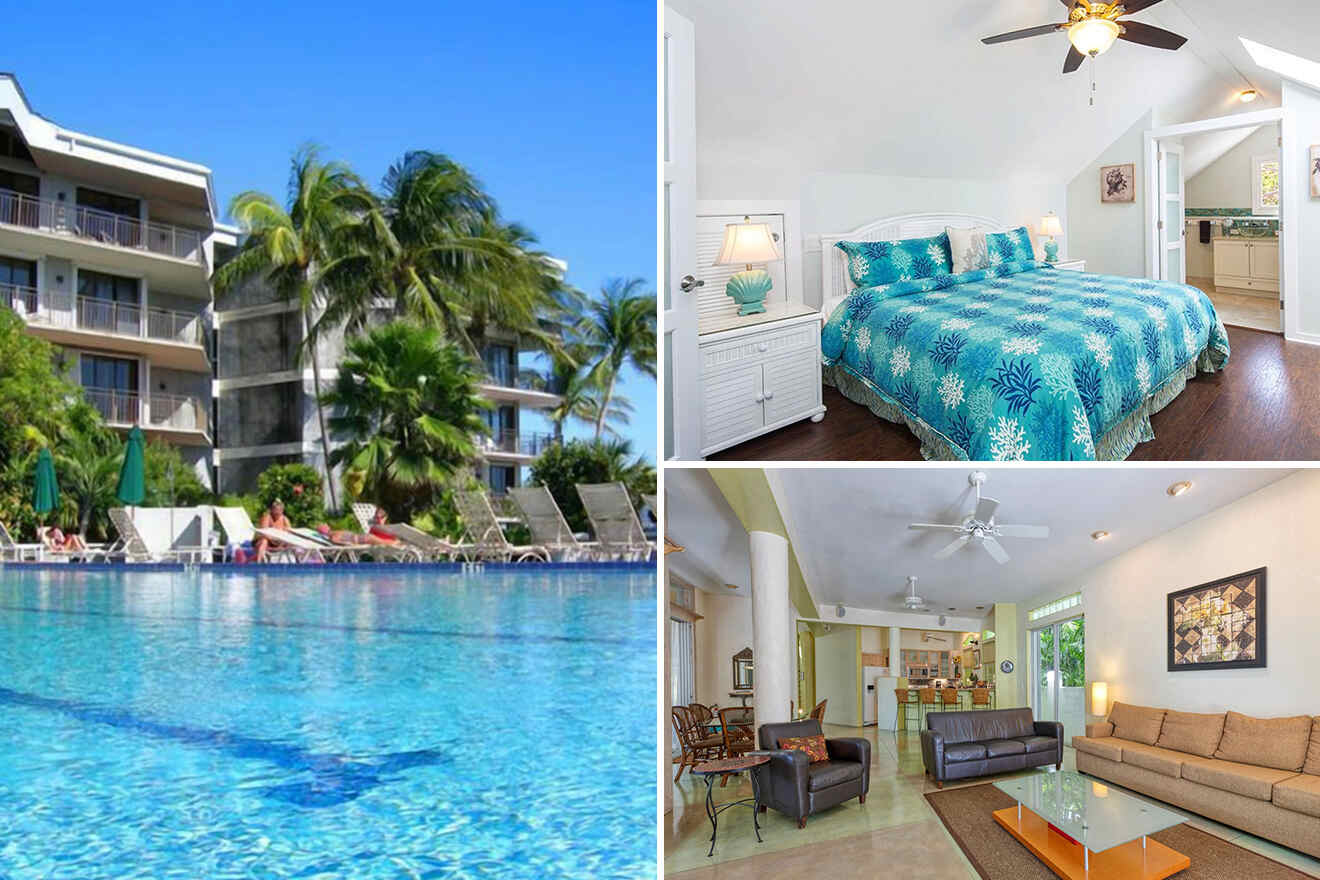 collage of 3 images with: resort with a swimming pool, bedroom and a living room.