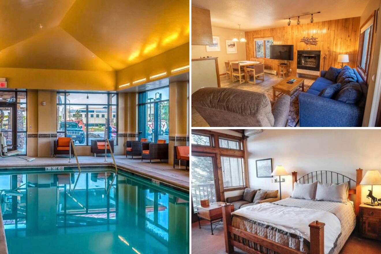 collage of 3 images with: indoor pool, a bedroom and a lounge