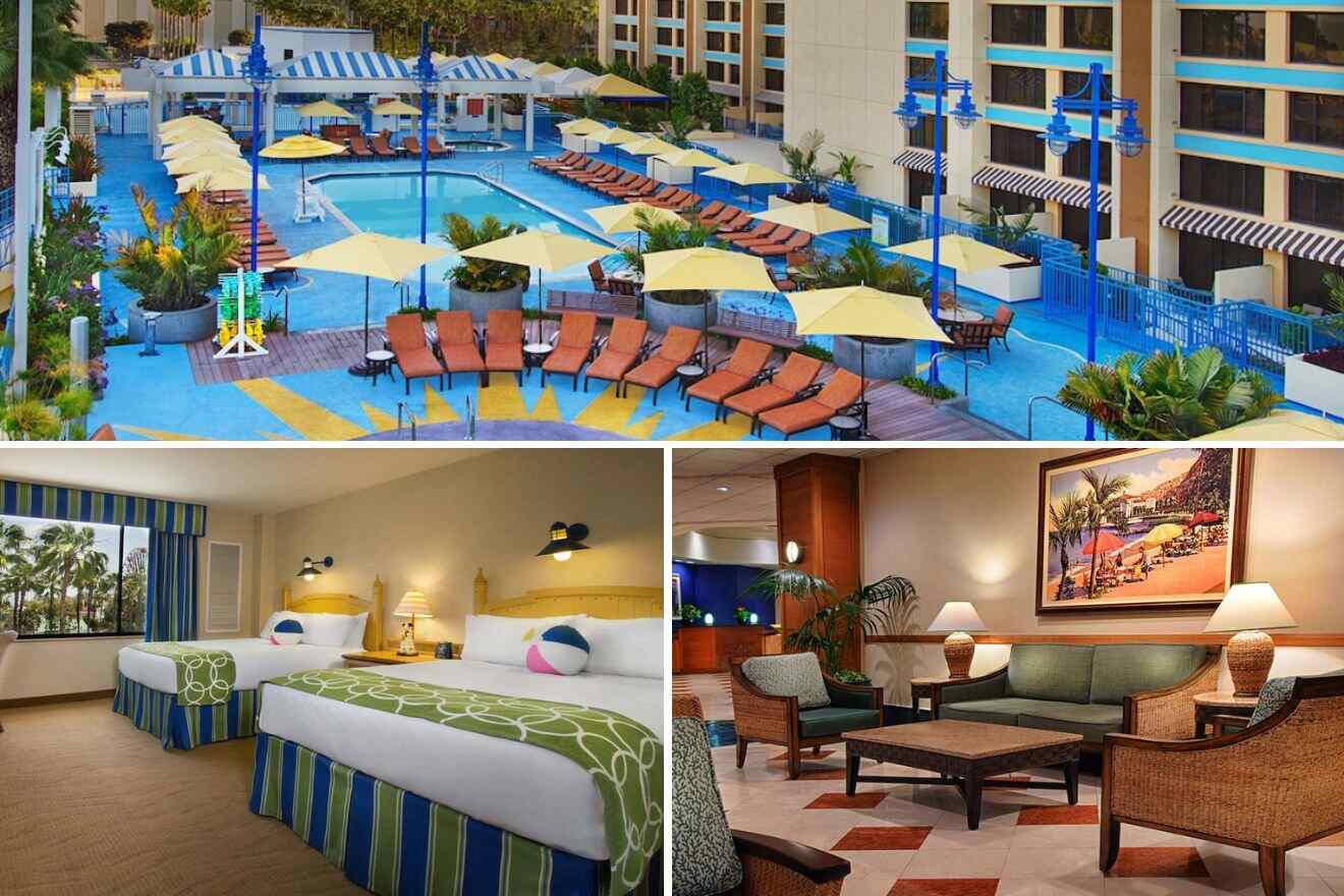 collage of 3 images with: bedroom, pool area and lounge
