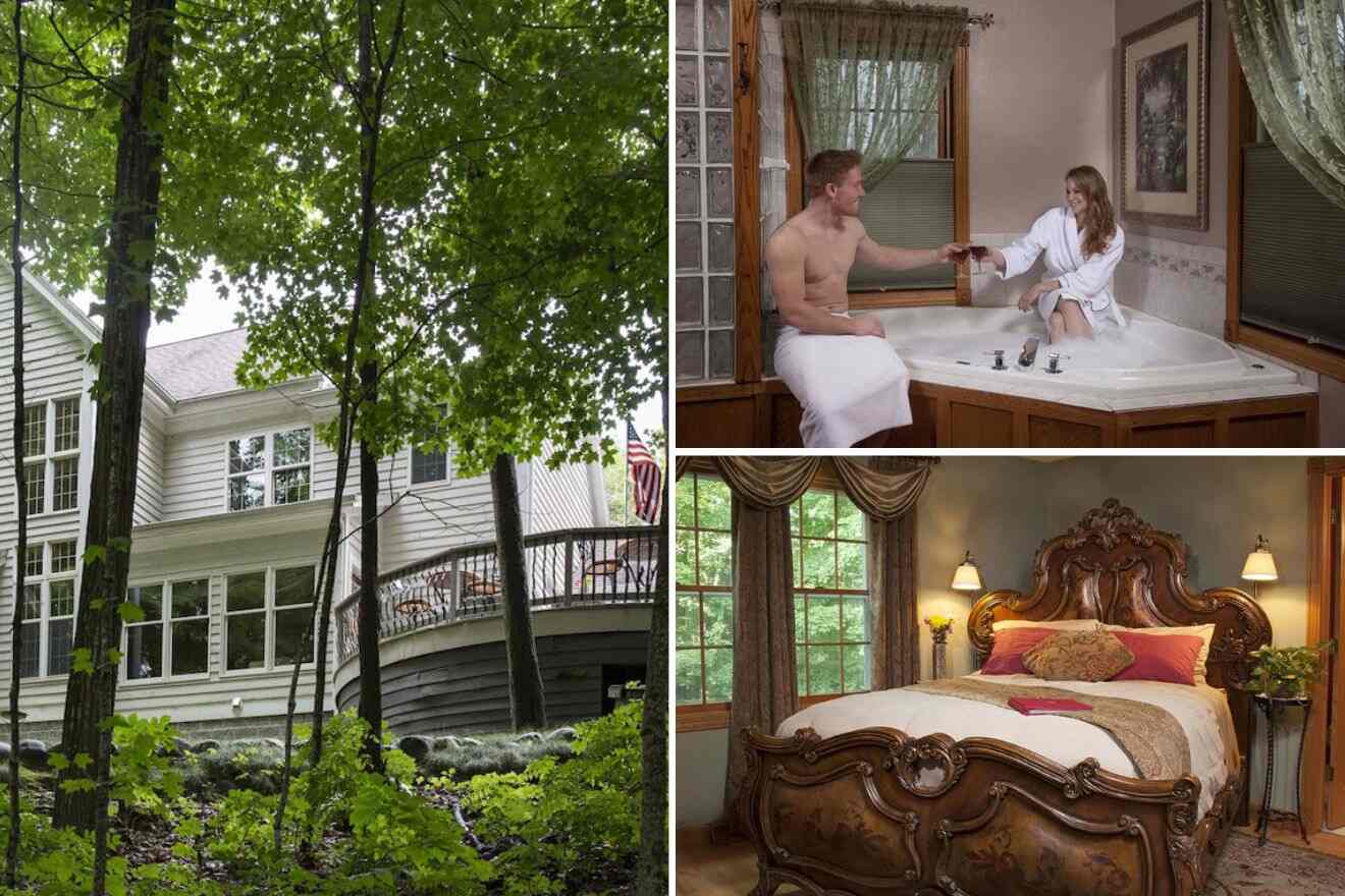 collage of 3 images with: a bedroom, couple having a drink in a bath tub and hotel's building