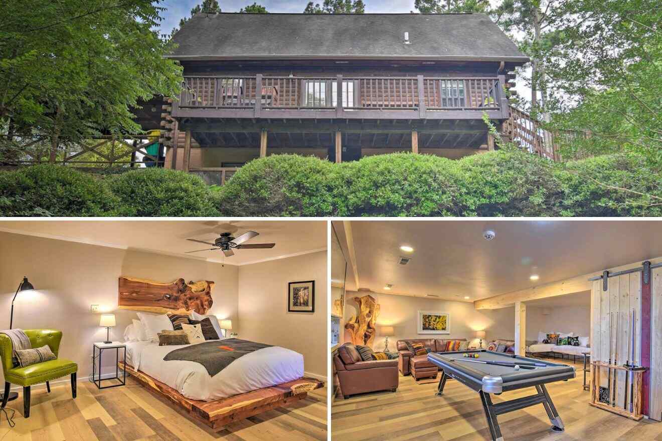 Collage of three cabin pictures: cabin exterior, bedroom, and living room with a pool table