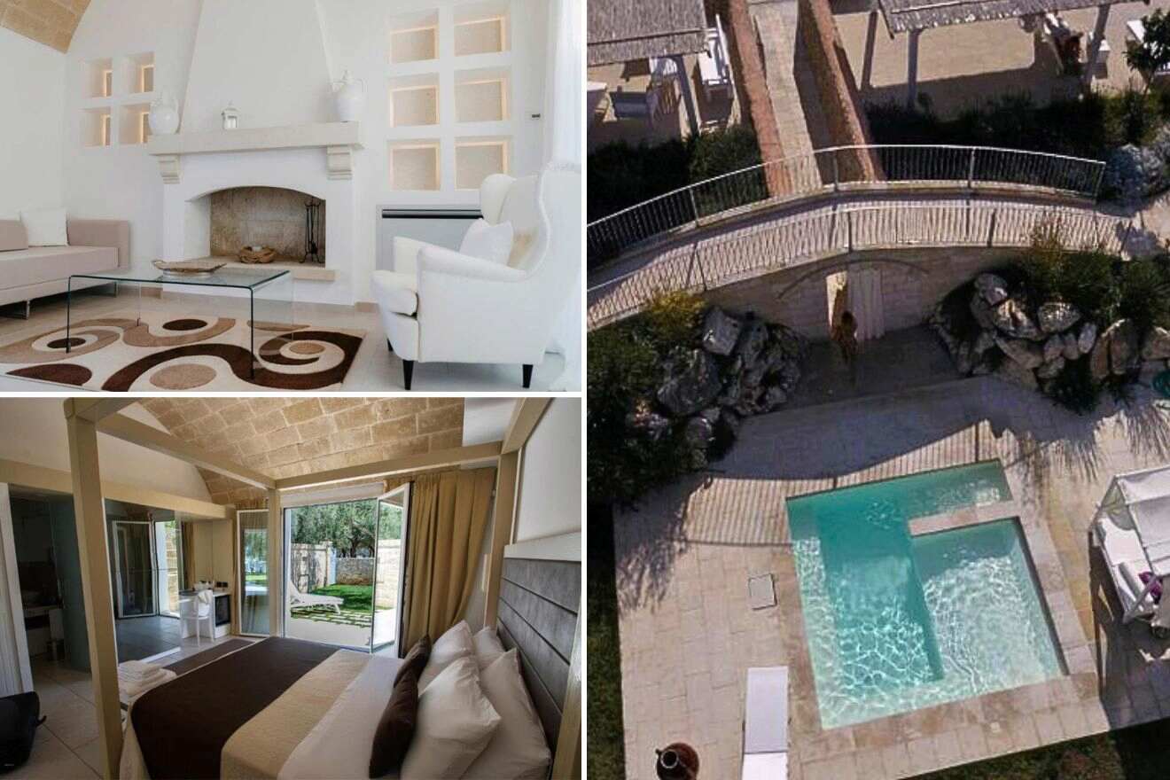 collage of 3 images with: bedroom, lounge, aerial view over the pool area
