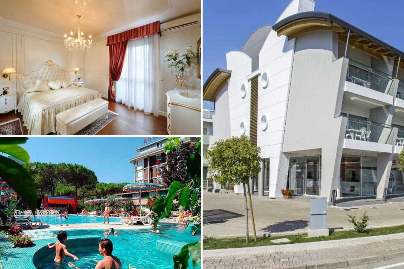 collage of 3 images with: bedroom, hotel's building and pool area