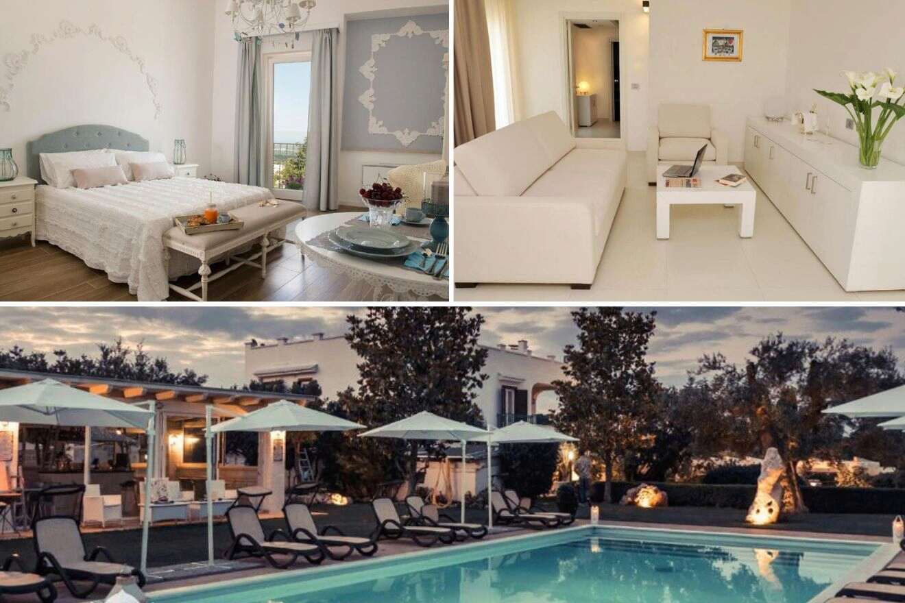 collage of 3 images with: pool area, bedroom and lounge