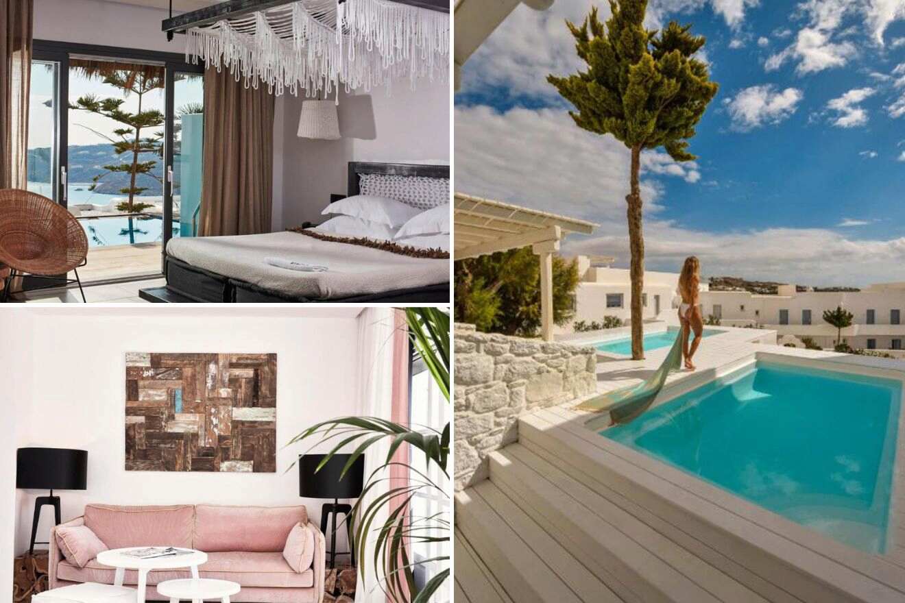 collage of 3 images with: a bedroom, lounge and woman sitting by the pool