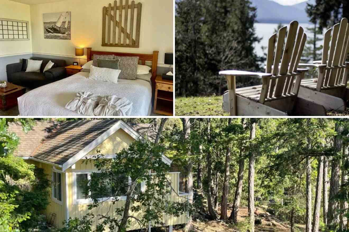 collage of 3 images with: a bedroom, cabin and chairs in the garden