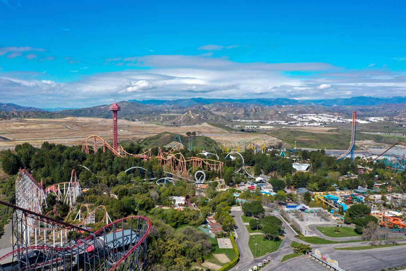 An aerial view of a roller coaster in california.