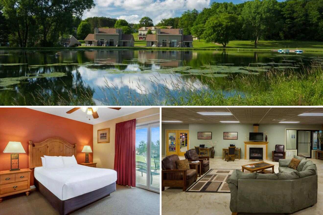 Collage of three hotel pictures: hotel exterior with a pond, bedroom, and living room with fireplace