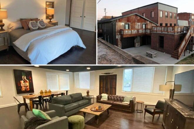 collage of 3 images with: a bedroom, hotel's building and lounge