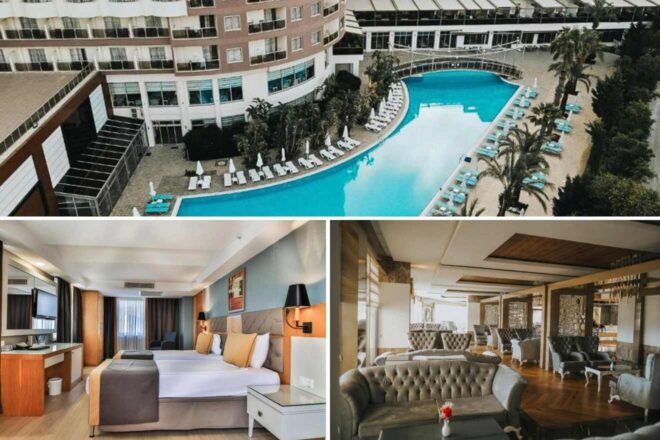 collage of 3 images with: aerial view over the hotel pool area, bedroom and lounge