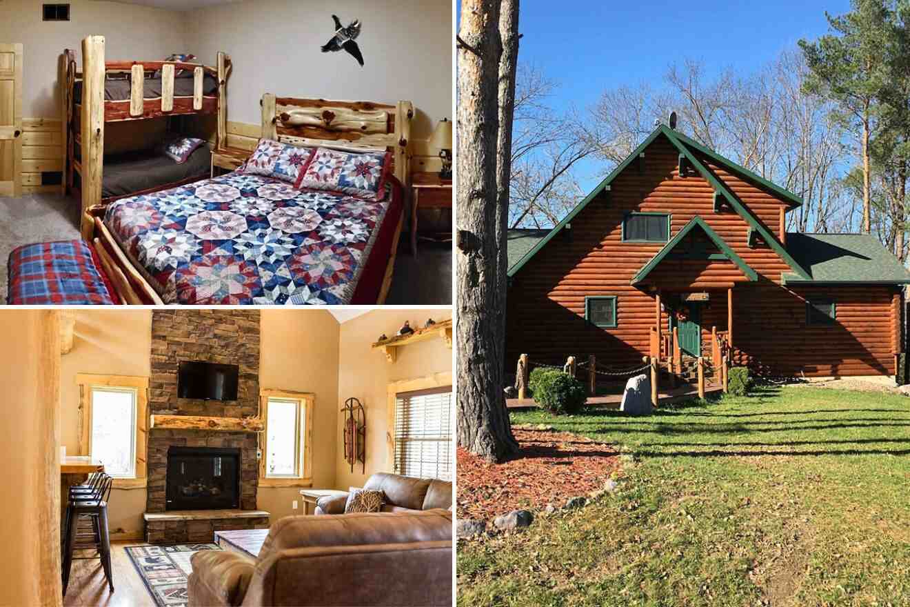 collage of 3 images with: bedroom, cabin and lounge in front of a fireplace