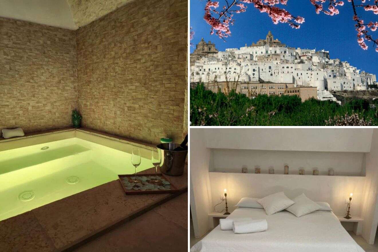 collage of 3 images with: jacuzzi, bedroom and lots of white buildings on top of a hill surrounded by greenery