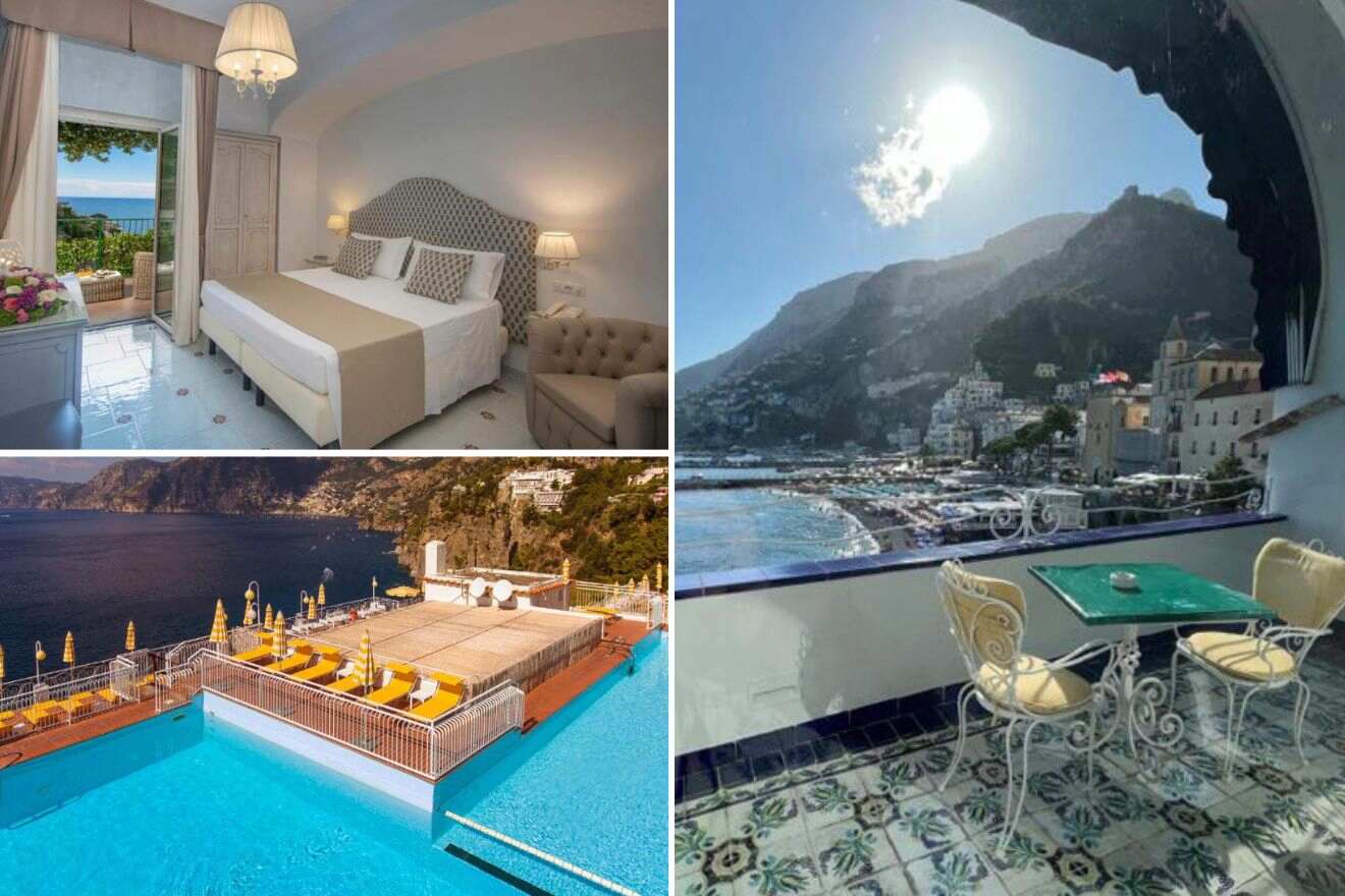 Collage of three hotel pictures: bedroom, outdoor pool, and balcony with a view