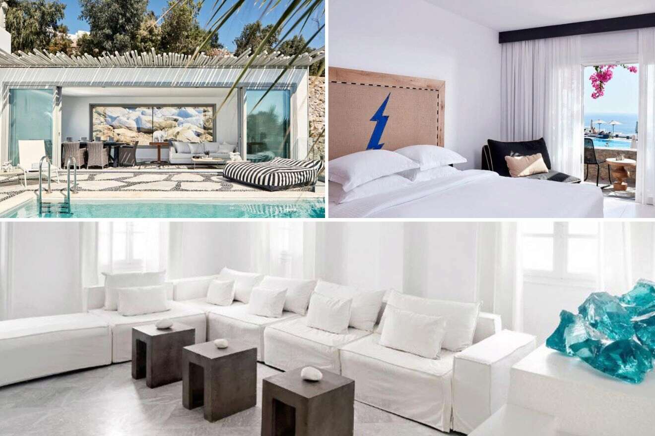 collage of 3 images with: a bedroom, lounge and pool with lounge area