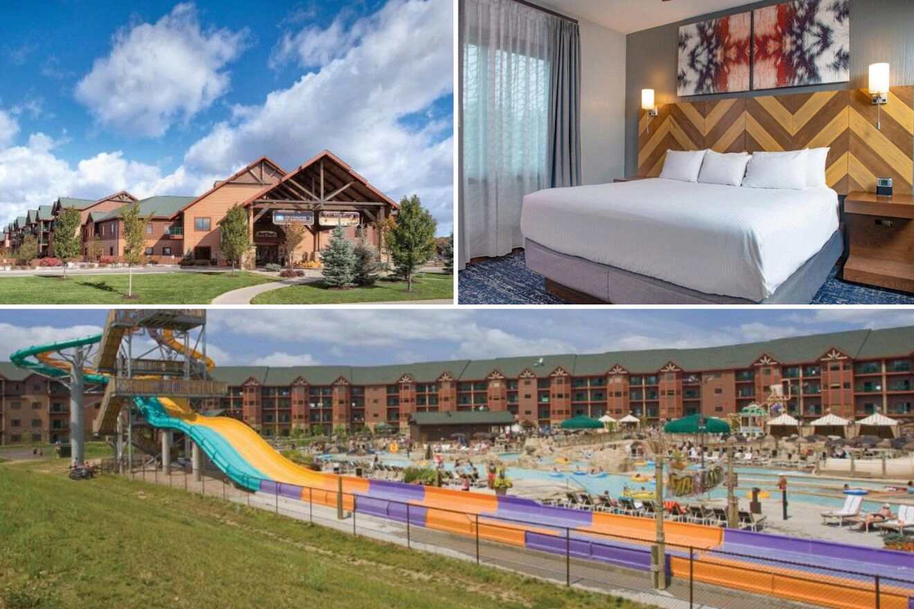 Collage of three hotel pictures: hotel exterior, bedroom, and outdoor waterpark