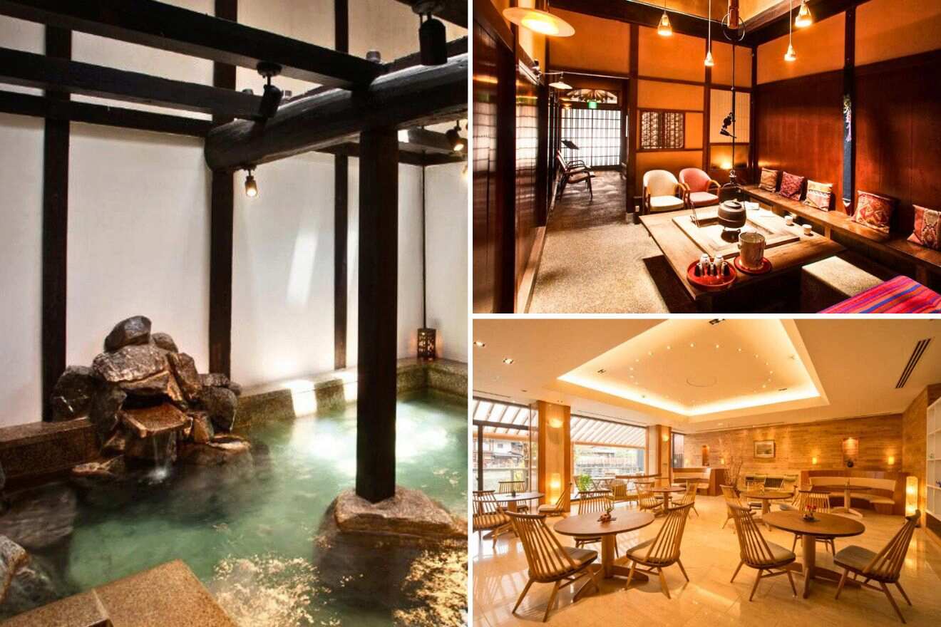 collage of 3 images with: private onsen, dining room and japanese bedroom
