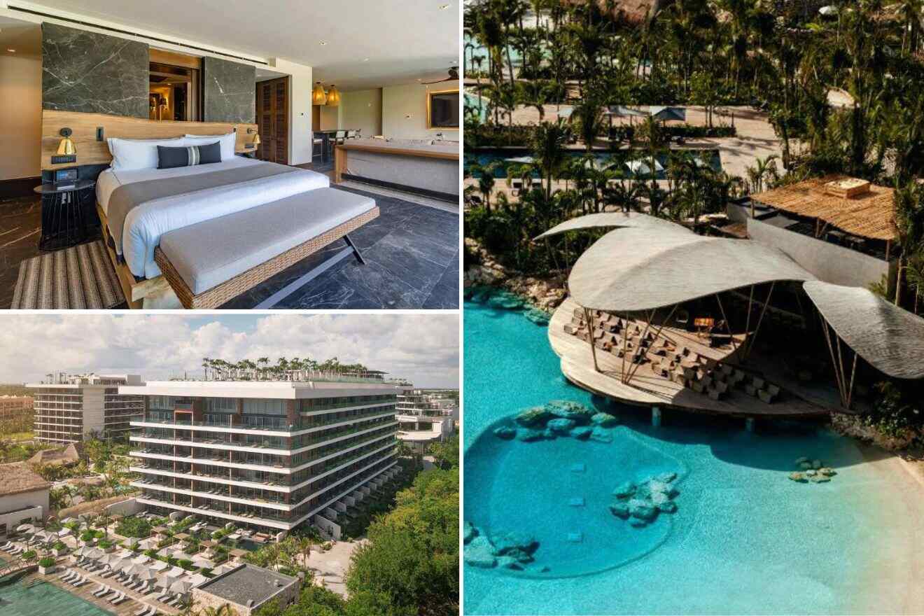 Collage of three hotel pictures: bedroom, hotel exterior, and aerial view of outdoor pool