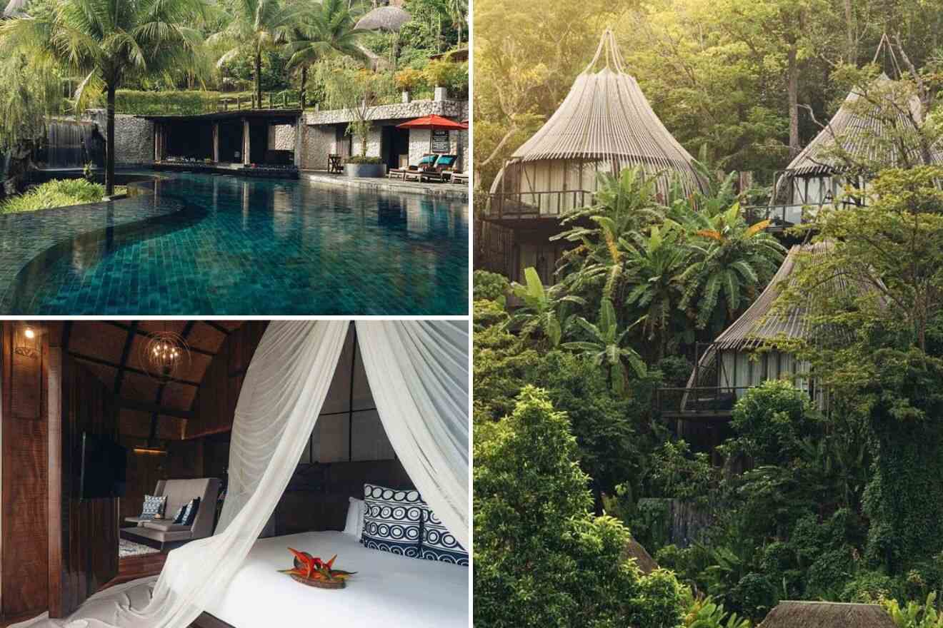 collage of 3 images with: bedroom, swimming pool and tents surrounded by trees
