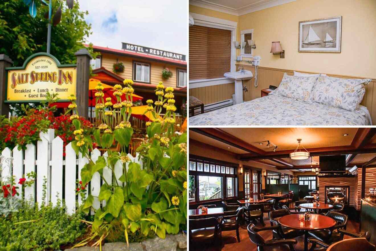 collage of 3 images with: a bedroom, restaurant and hotel's sign surrounded by flowers