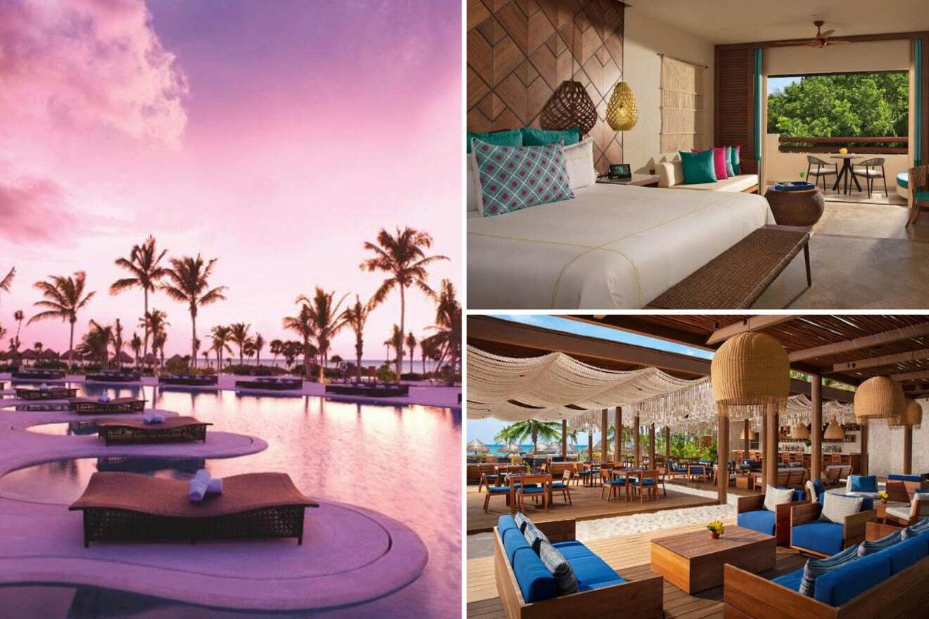 collage of 3 images with: bedroom, lounge on the terrace and pool area