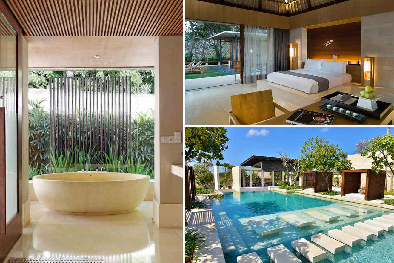 collage of 3 images with: a bedroom, bath and pool area