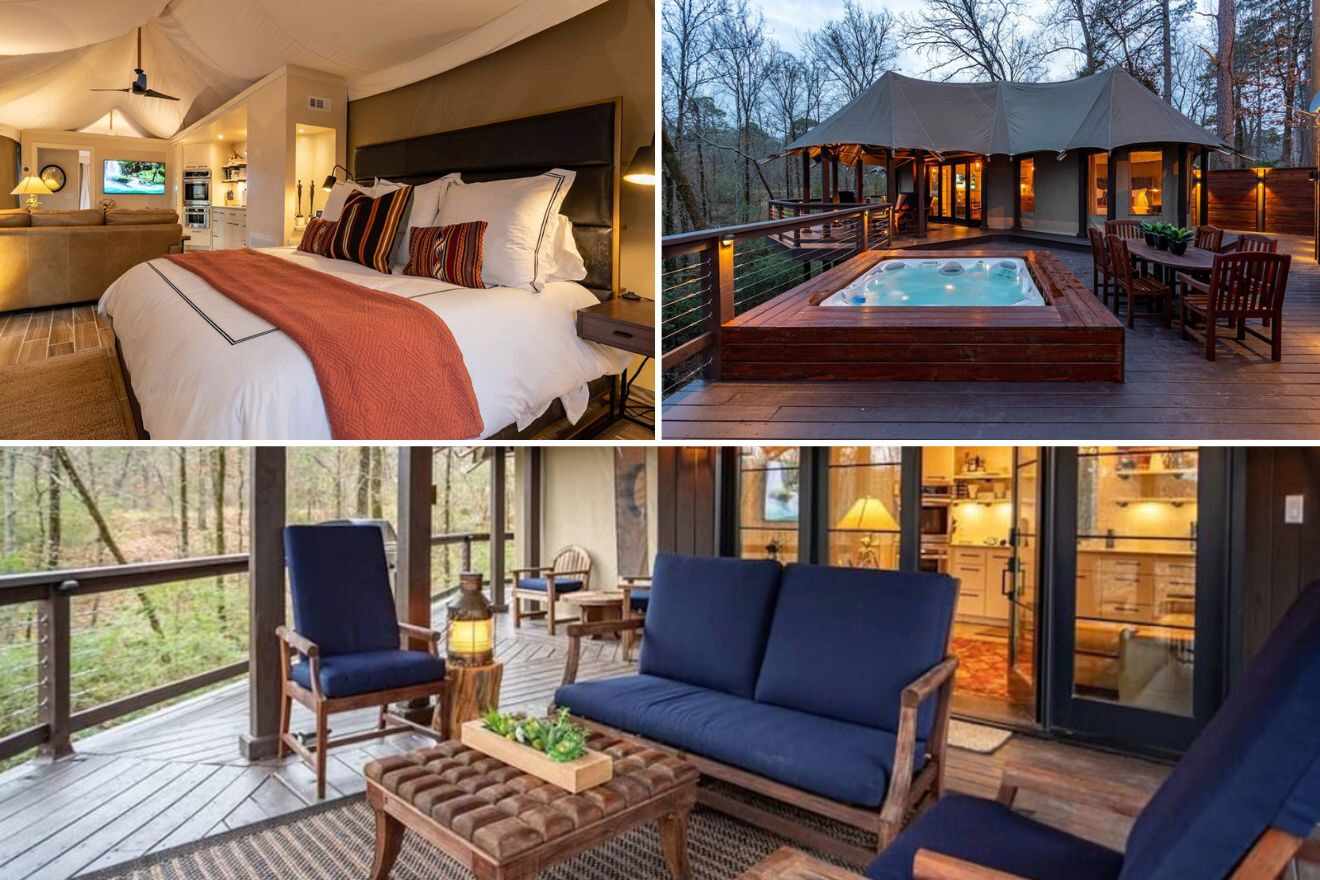 Collage of three cabin pictures: bedroom, cabin exterior with an outdoor hot tub, and outdoor lounge area