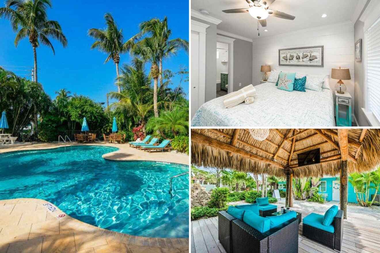 collage of 3 images with: a bedroom, pool area and lounge on the patio