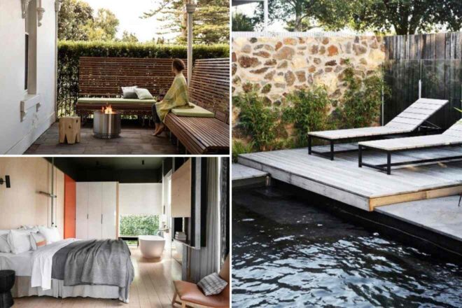 collage of 3 images with: a bedroom, pool area and outdoor lounge