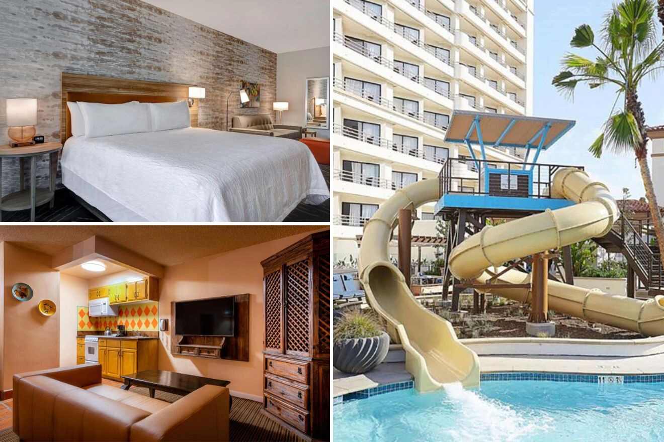 collage of 3 images with: a bedroom, lounge and pool with waterslides