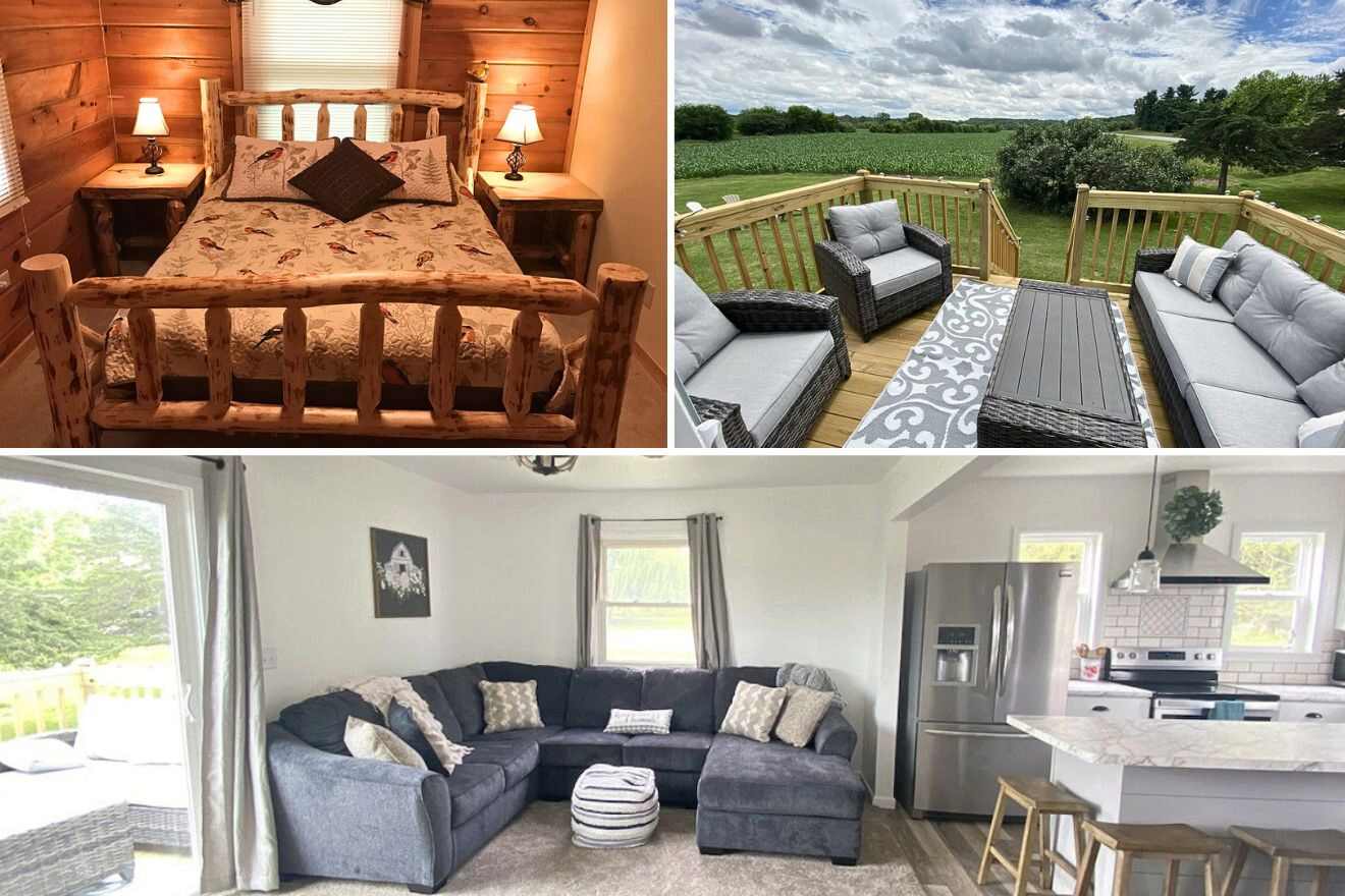 collage of 3 images with: bedroom with a wooden bed, lounge on the porch and indoor living area