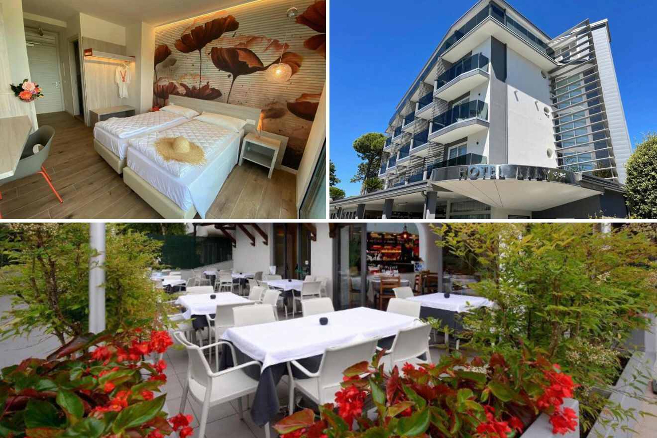 collage of 3 images with: bedroom, outdoor dining space and hotel's building