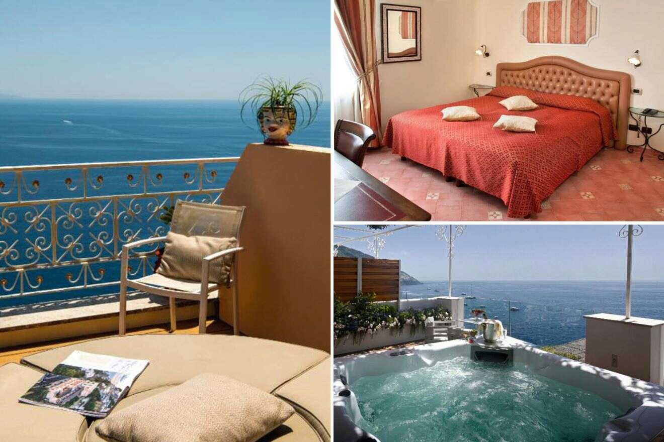 Collage of three hotel pictures: balcony with a view, bedroom, and outdoor jacuzzi