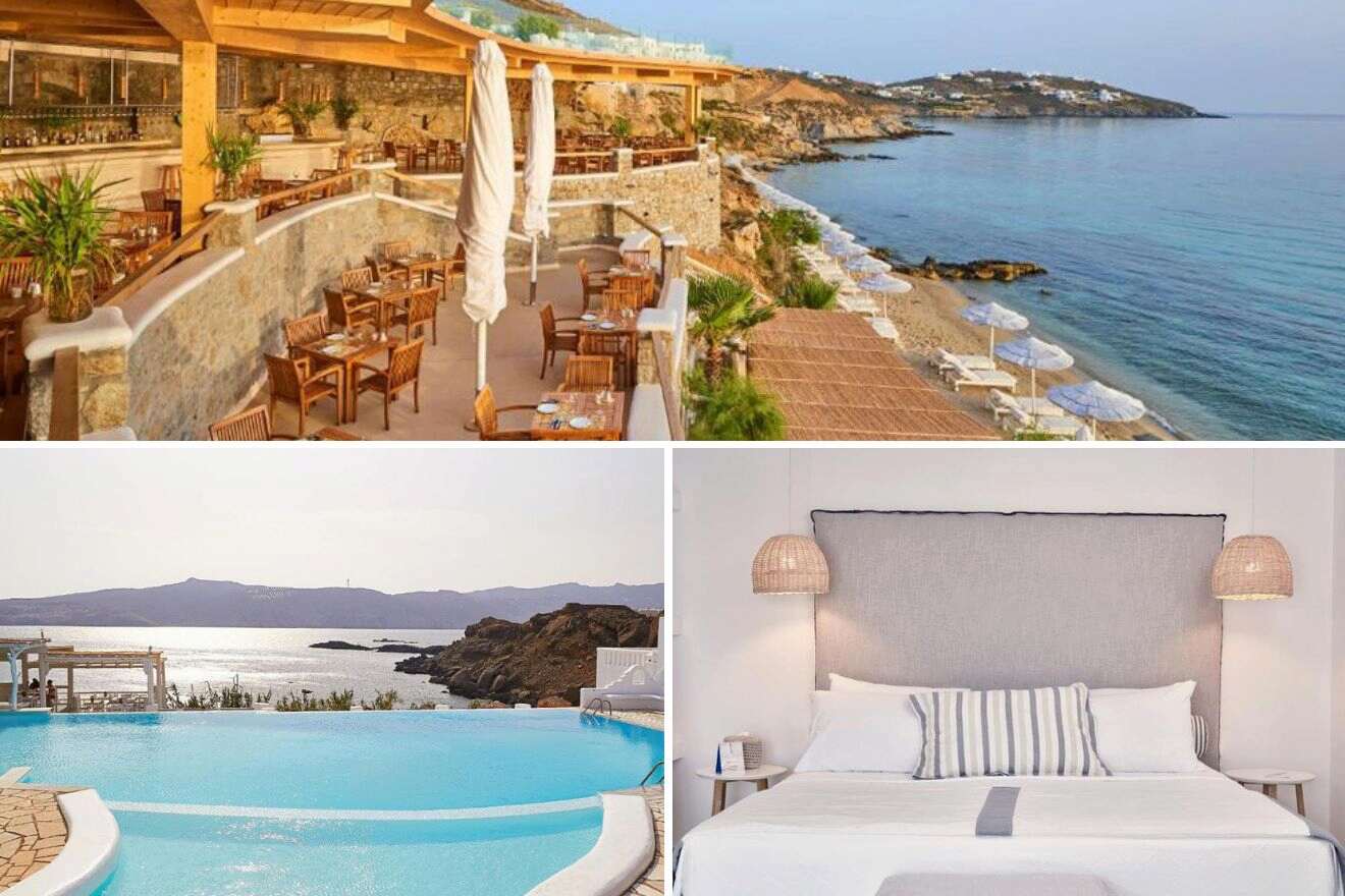 collage of 3 images with: a bedroom, restaurant with a view over the ocean and pool area