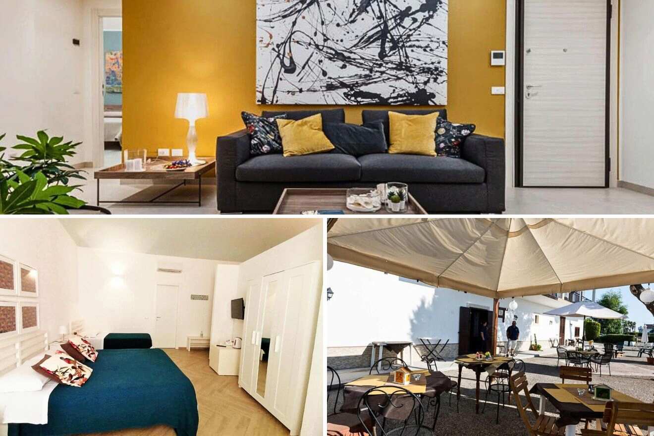 collage of 3 images with: a bedroom, lounge with couch and large painting and outdoor restaurant