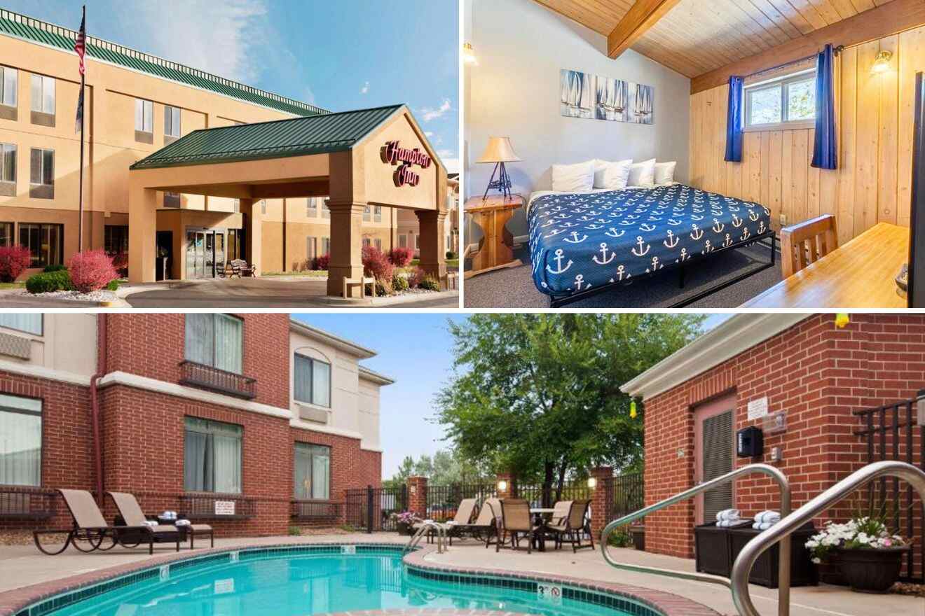 collage of 3 images with: hotel's entrance, a bedroom and pool
