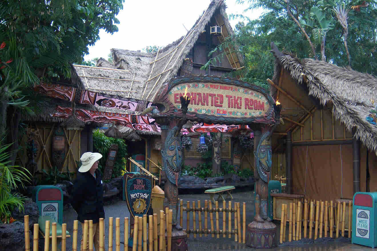 view of the exterior of the enchanted tiki room in Disneyland