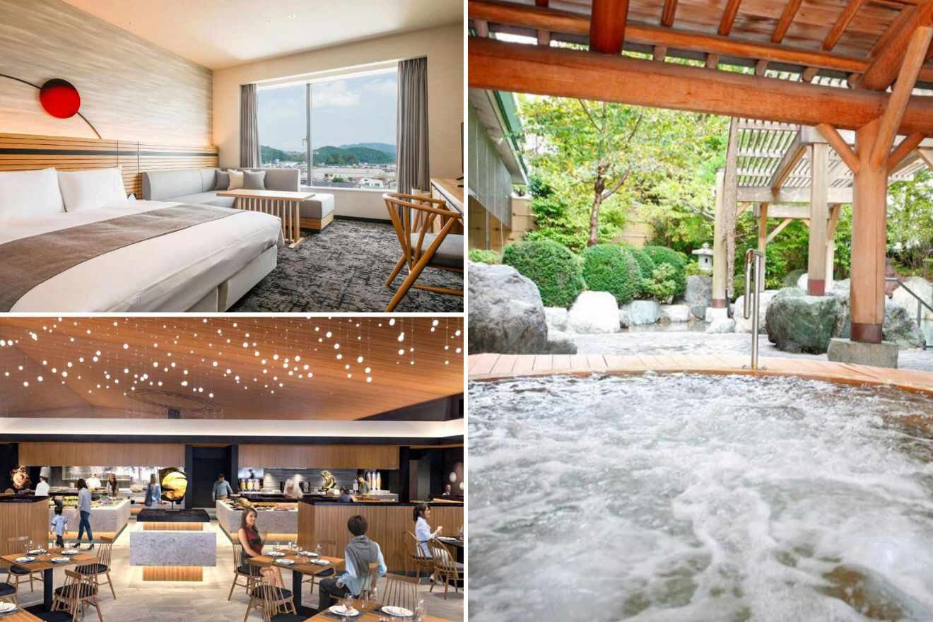 collage of 3 images with: private onsen, dining room and bedroom