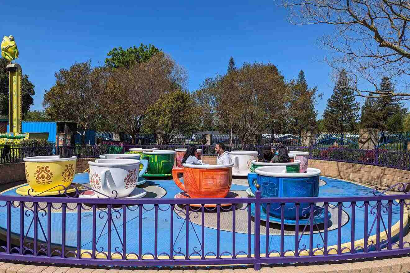 A carousel in a park with colorful cups.