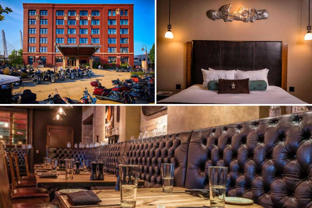 collage of 3 images with: a bedroom, restaurant and hotel's building