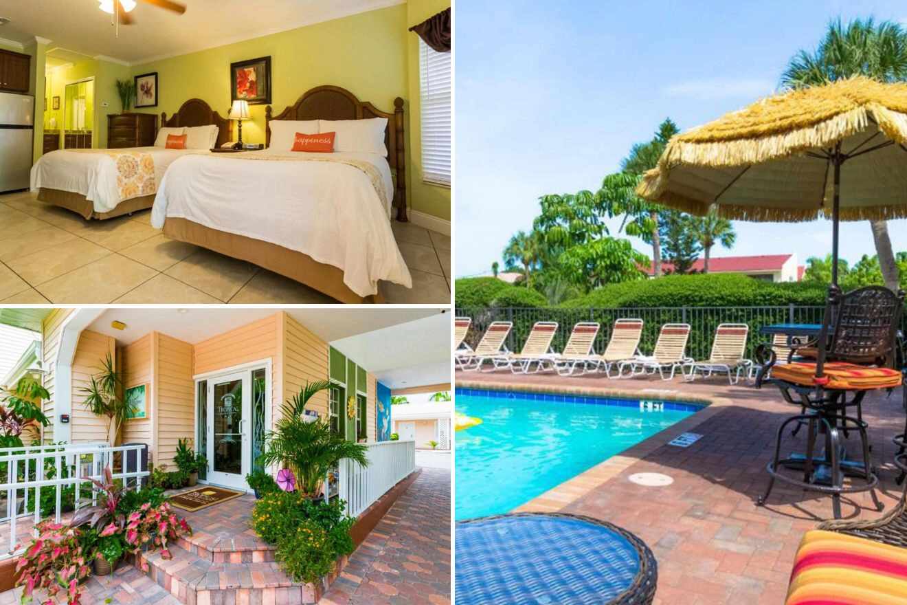 collage of 3 images with: a bedroom, pool area and hotel's entrance