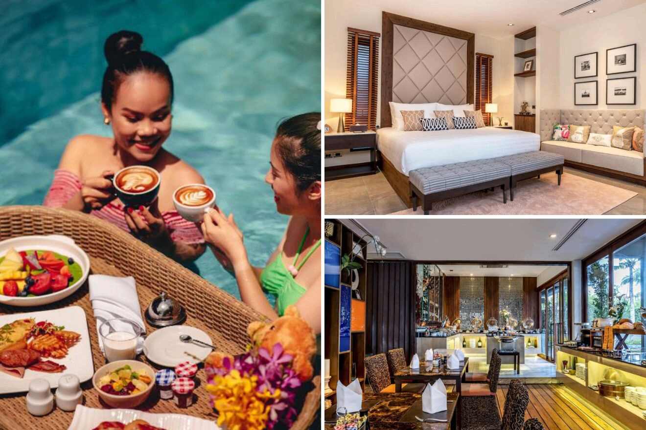 collage of 3 images with: women having breakfast in the pool, bedroom and restaurant